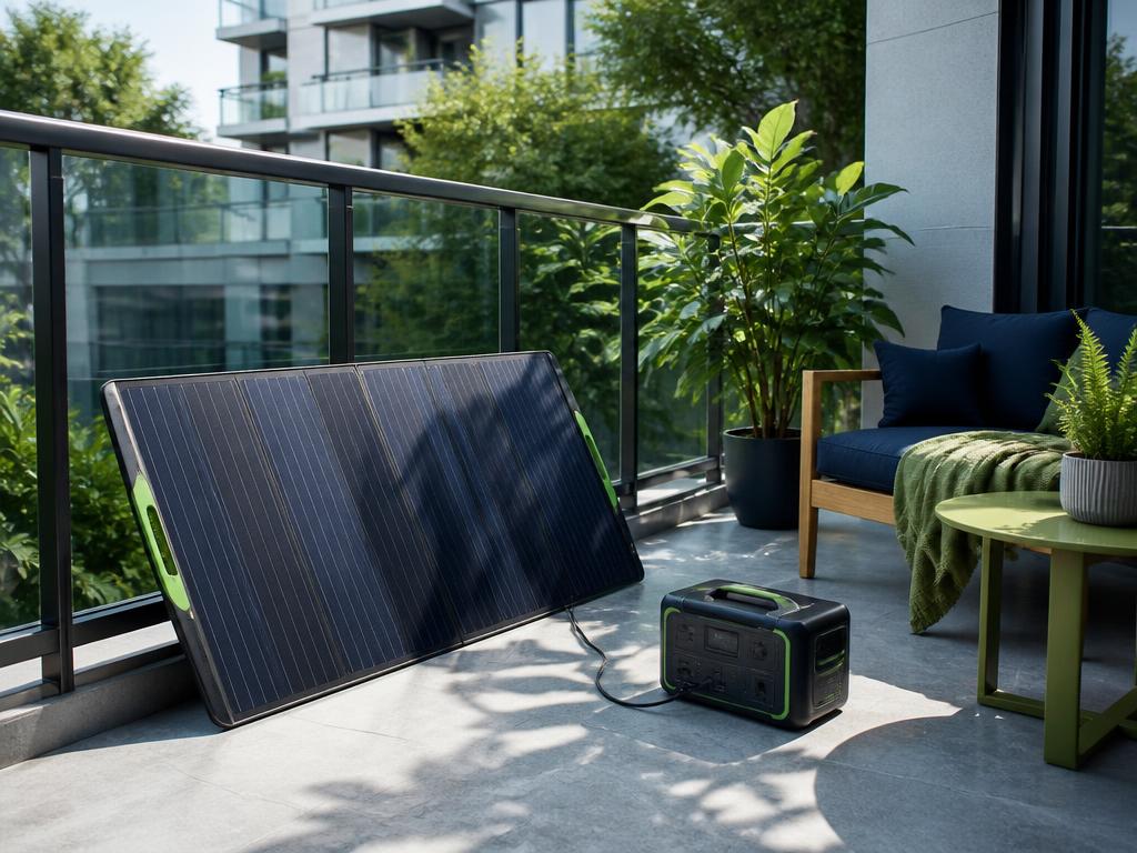 Portable solar panel and battery power station on a rental apartment balcony