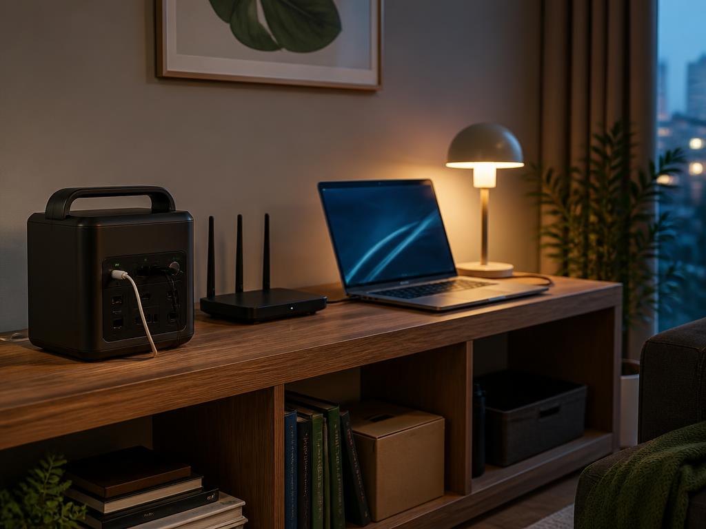 Portable battery backup station keeping a laptop, Wi-Fi router, and lamp running in a rental apartment